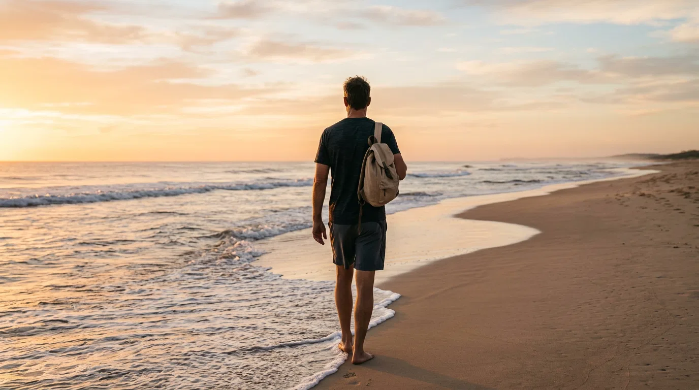 Anonymous man walking on Australian beach at sunrise - pelvic wellness routine men Australia
